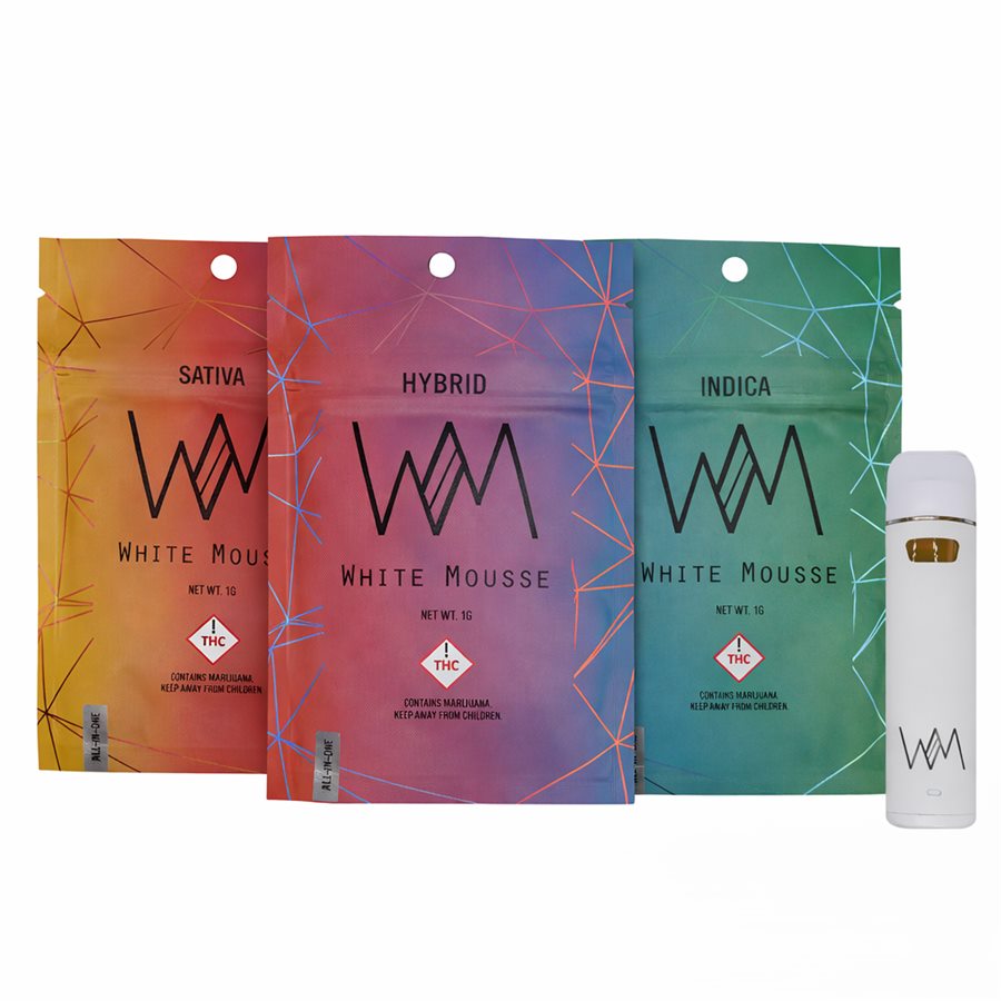 White Mousse live resin AIO — Sativa, Hybrid and Indica bags with the white device