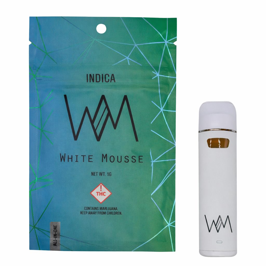 White Mousse Indica live resin AIO — bag and device