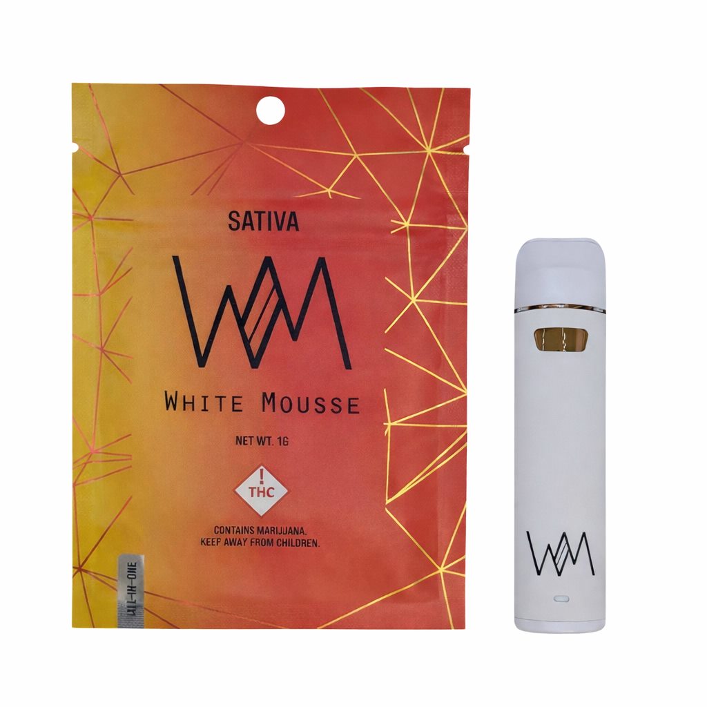 White Mousse Sativa live resin AIO — bag and device