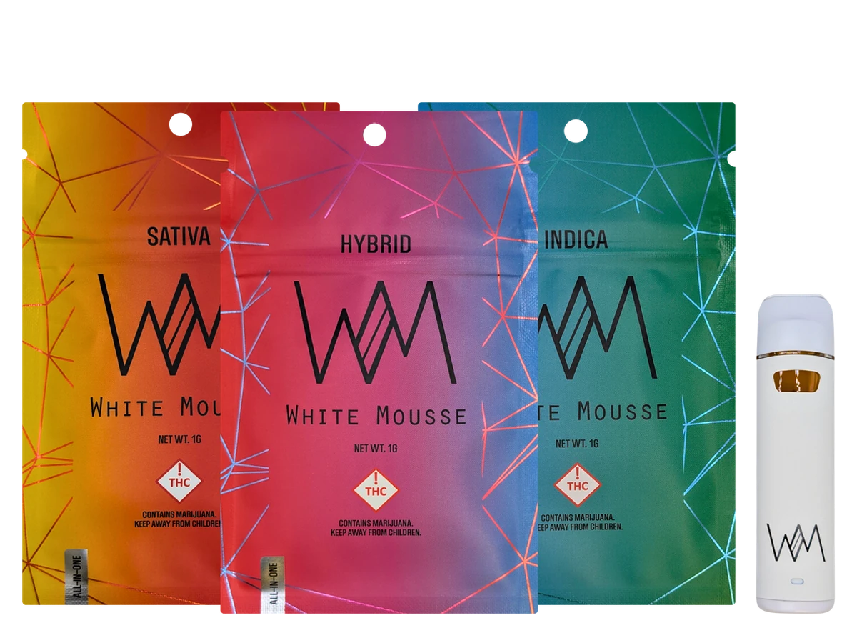 White Mousse live resin AIO — Sativa, Hybrid and Indica bags with the white device