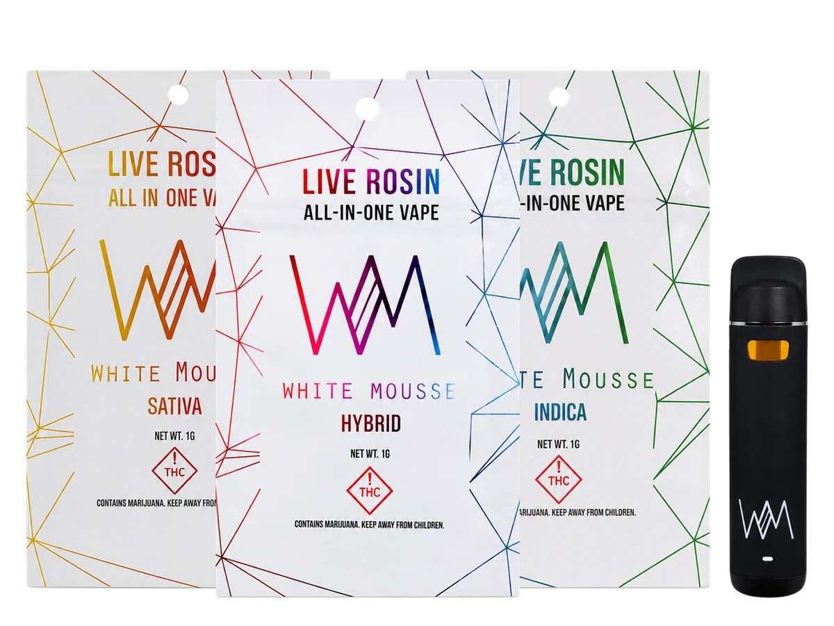 White Mousse Live Rosin AIO — Sativa, Hybrid and Indica bags with the black device