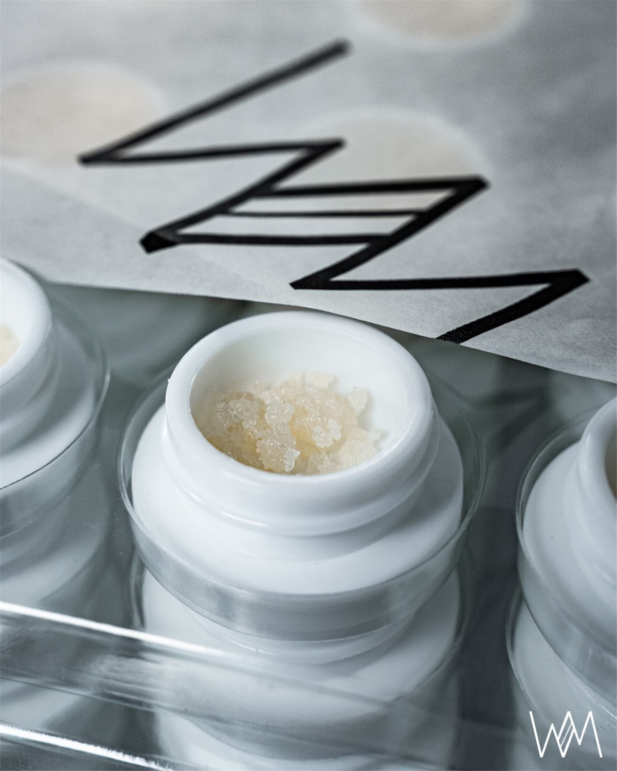White Mousse sugar wax jars on WM-printed paper